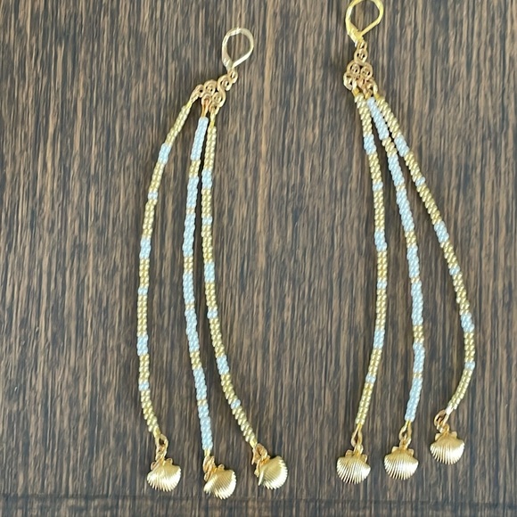 Hand Crafted Jewelry - HAND CRAFTED SHOULDER DUSTER EARRINGS Statement Gold Pearl White 6”